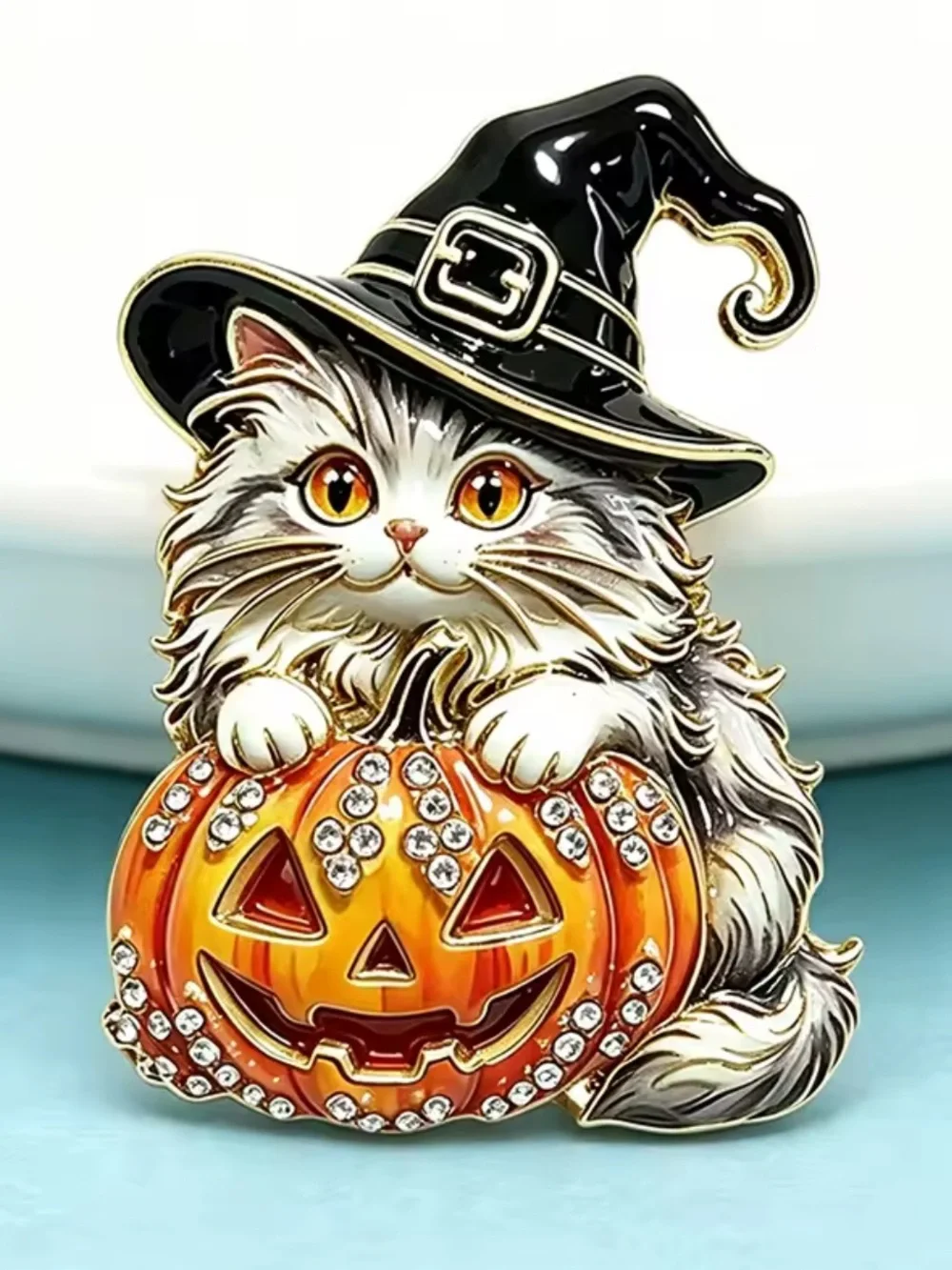 Halloween Witch Cat Pumpkin Brooch 🎃🐈‍⬛